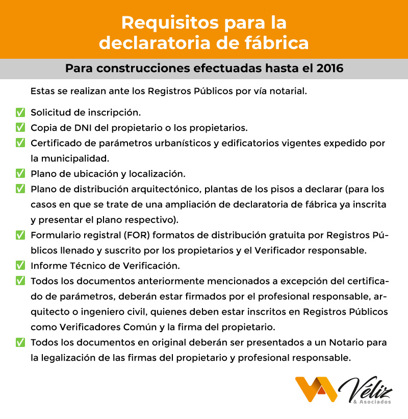 requisitos para la declaratoria de fábrica en edificaciones efectuadas hasta el 2016 Perú 2023